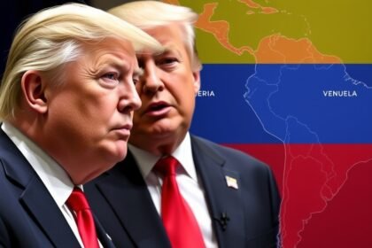 A photo of Donald Trump and Venezuelan President Nicolas Maduro with a map of South America in the background, highlighting the regions that could be affected by US intervention.