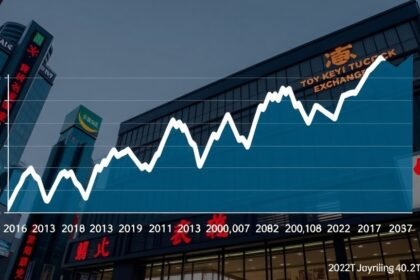 A graph showing the fluctuations in the Nikkei index over the past year, with a background image of the Tokyo Stock Exchange