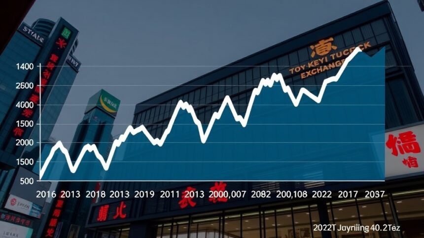 A graph showing the fluctuations in the Nikkei index over the past year, with a background image of the Tokyo Stock Exchange