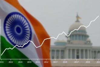 A graph showing the Indian rupee's exchange rate against the US dollar over the past month, with a subtle background image of the Indian flag and a faint picture of the RBI building in the distance