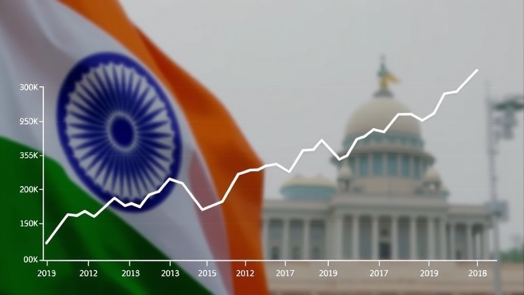A graph showing the Indian rupee's exchange rate against the US dollar over the past month, with a subtle background image of the Indian flag and a faint picture of the RBI building in the distance