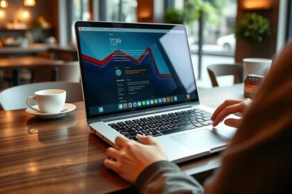 A sleek and modern laptop with a large screen and a person working on it in a coffee shop