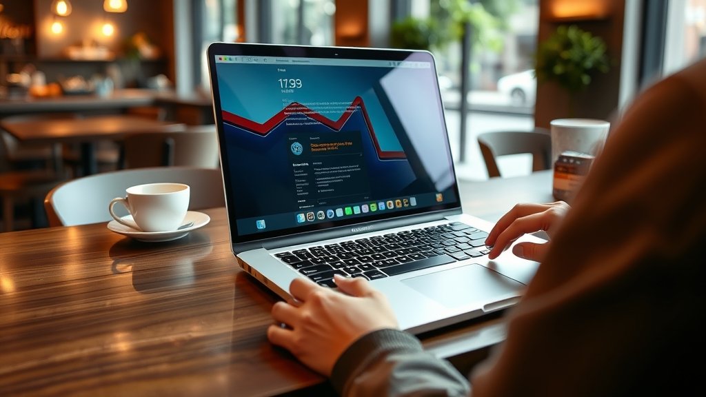 A sleek and modern laptop with a large screen and a person working on it in a coffee shop