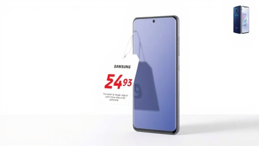 A high-quality image of the Samsung Galaxy S25 Ultra phone with a price tag and a red discount symbol, on a clean and minimalist background, with a subtle hint of the Galaxy S26 Ultra in the corner.