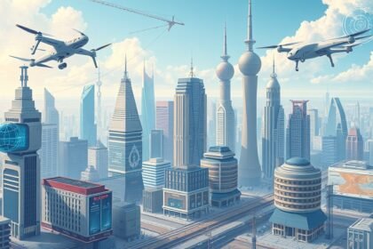 A futuristic illustration of a cityscape with various technological elements, such as robots, drones, and virtual reality interfaces, seamlessly integrated into daily life.