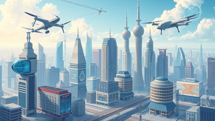 A futuristic illustration of a cityscape with various technological elements, such as robots, drones, and virtual reality interfaces, seamlessly integrated into daily life.