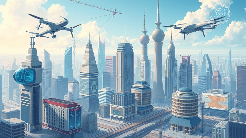 A futuristic illustration of a cityscape with various technological elements, such as robots, drones, and virtual reality interfaces, seamlessly integrated into daily life.
