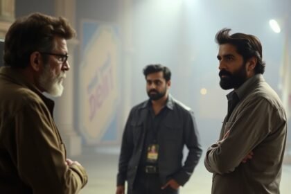 A behind-the-scenes photo of Rakeysh Omprakash Mehra directing a scene from Delhi 6, with Abhishek Bachchan in the background