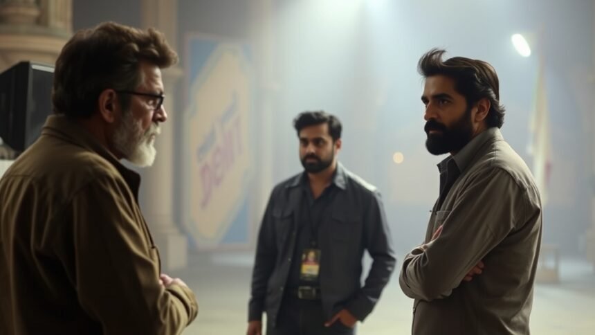 A behind-the-scenes photo of Rakeysh Omprakash Mehra directing a scene from Delhi 6, with Abhishek Bachchan in the background