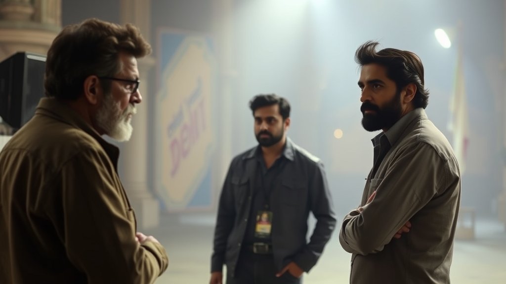 A behind-the-scenes photo of Rakeysh Omprakash Mehra directing a scene from Delhi 6, with Abhishek Bachchan in the background