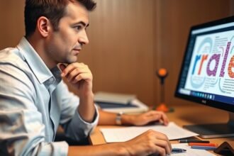 A person sitting in front of a computer, looking at a Wordle puzzle with a thinking expression, surrounded by notes and pens.