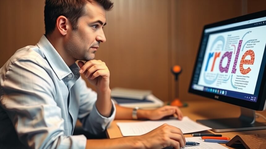 A person sitting in front of a computer, looking at a Wordle puzzle with a thinking expression, surrounded by notes and pens.