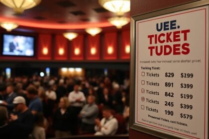 A photo of a movie theater with a sign showing increased ticket prices, with a crowd of people waiting to buy tickets in the background.
