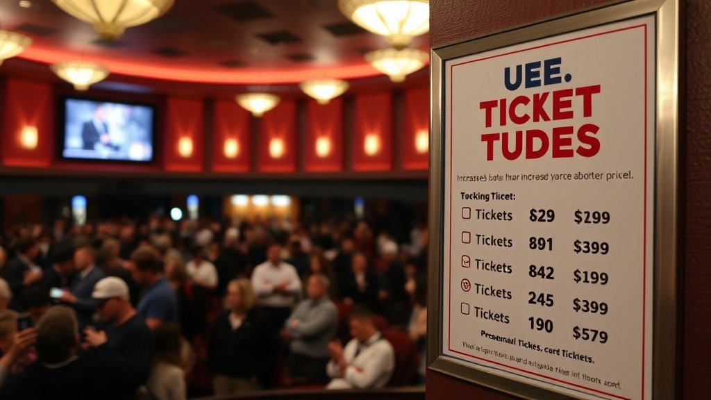 A photo of a movie theater with a sign showing increased ticket prices, with a crowd of people waiting to buy tickets in the background.