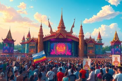 A vibrant illustration of the Tomorrowland festival in Thailand, featuring a large crowd, colorful stage, and a mix of traditional Thai and modern elements.