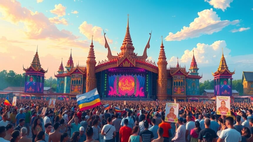 A vibrant illustration of the Tomorrowland festival in Thailand, featuring a large crowd, colorful stage, and a mix of traditional Thai and modern elements.