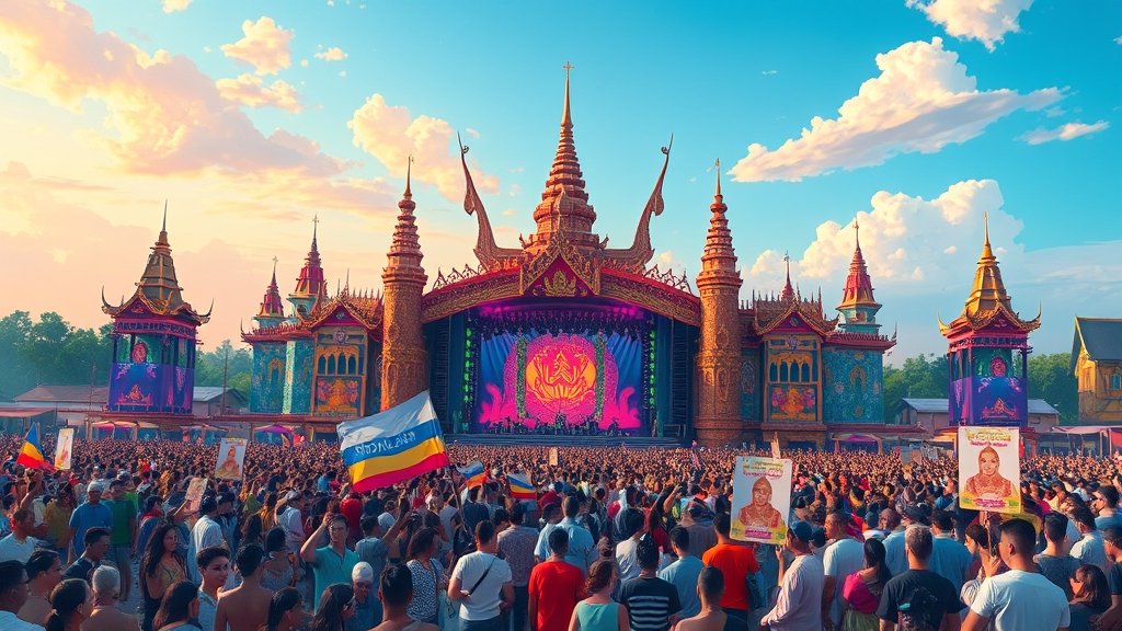 A vibrant illustration of the Tomorrowland festival in Thailand, featuring a large crowd, colorful stage, and a mix of traditional Thai and modern elements.