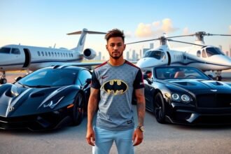 A photo of Neymar standing in front of his luxury fleet, including a Batmobile replica, private jet, and Airbus helicopter, with a cityscape in the background.