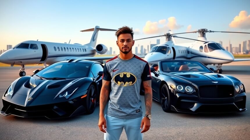A photo of Neymar standing in front of his luxury fleet, including a Batmobile replica, private jet, and Airbus helicopter, with a cityscape in the background.