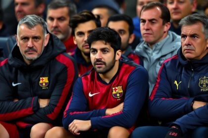 A photo of Lamine Yamal sitting on the bench during a Barcelona match, with a mix of concerned and determined expressions on the faces of the players and coaches around him.