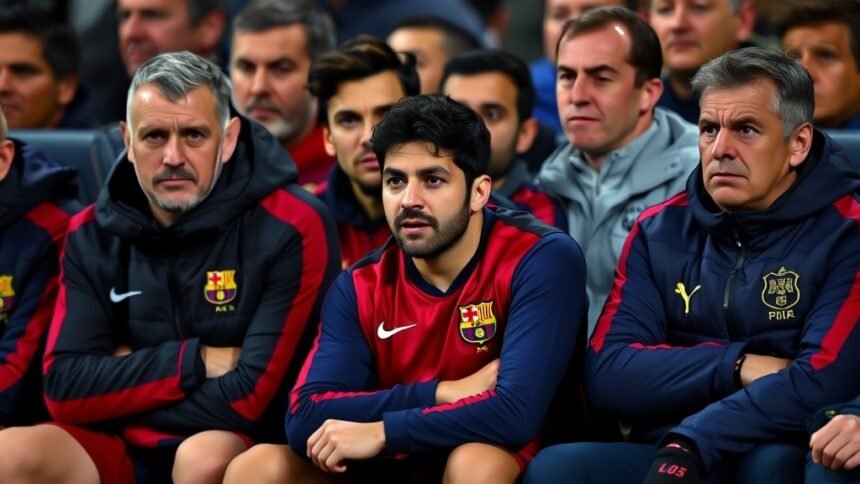 A photo of Lamine Yamal sitting on the bench during a Barcelona match, with a mix of concerned and determined expressions on the faces of the players and coaches around him.