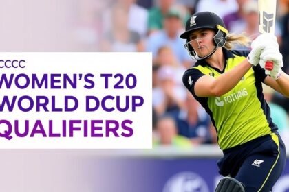 A photo of a female cricketer in action, with a stadium crowd in the background, symbolizing the excitement and competition of the ICC Women's T20 World Cup Qualifiers.
