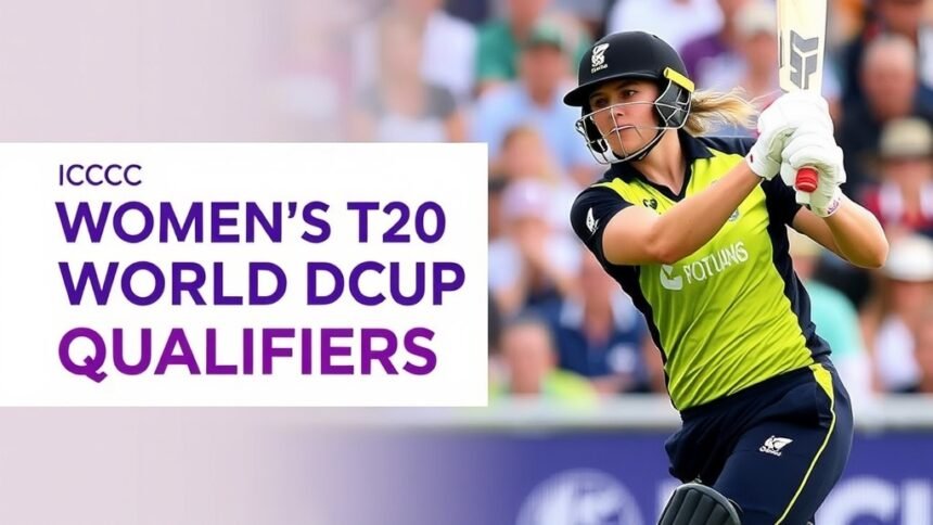 A photo of a female cricketer in action, with a stadium crowd in the background, symbolizing the excitement and competition of the ICC Women's T20 World Cup Qualifiers.