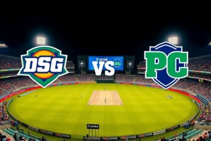 A cricket stadium with a packed crowd, with the DSG and PC team logos on the screen, and a hint of excitement in the air