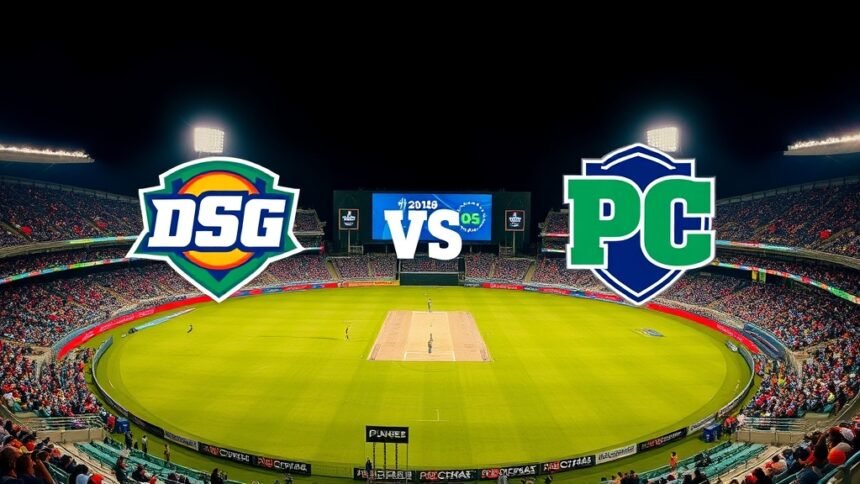 A cricket stadium with a packed crowd, with the DSG and PC team logos on the screen, and a hint of excitement in the air