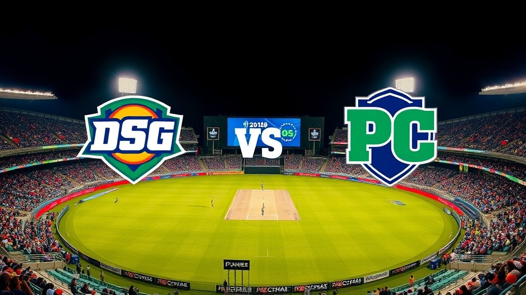 A cricket stadium with a packed crowd, with the DSG and PC team logos on the screen, and a hint of excitement in the air
