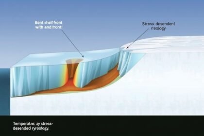 A detailed illustration of an ice shelf with a bent front, showing the impact of temperature and stress-dependent rheology on its structure and stability.
