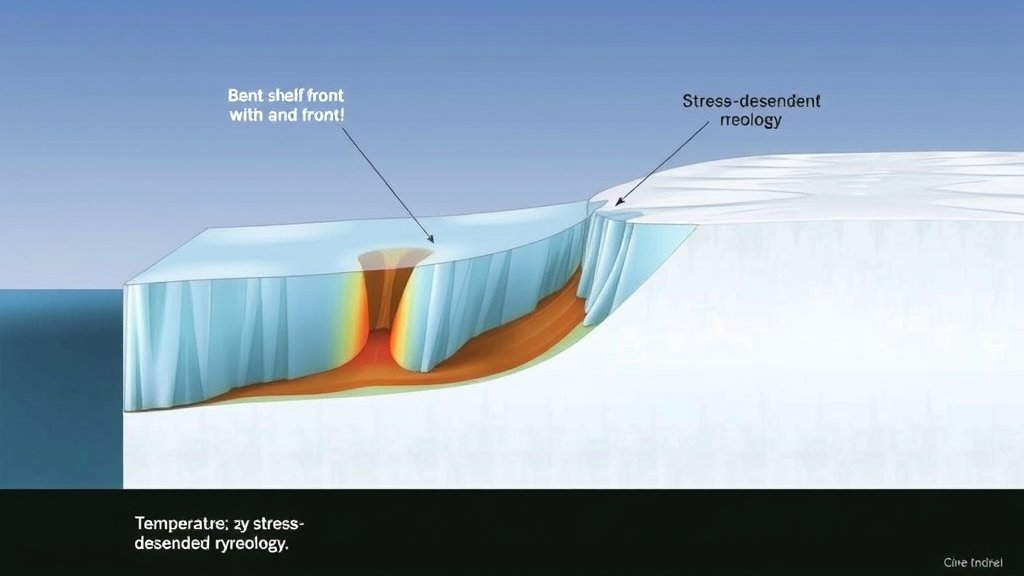 A detailed illustration of an ice shelf with a bent front, showing the impact of temperature and stress-dependent rheology on its structure and stability.