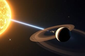 A realistic illustration of the Voyager 1 spacecraft approaching the heliopause, with the Sun and stars in the background, showcasing the vastness of space and the boundary between the solar system and interstellar space.