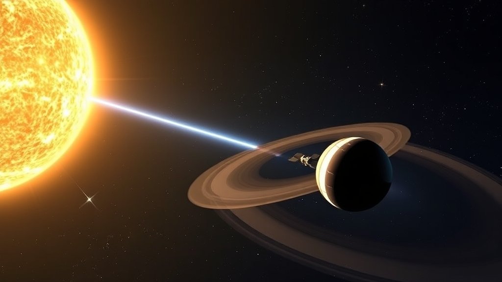 A realistic illustration of the Voyager 1 spacecraft approaching the heliopause, with the Sun and stars in the background, showcasing the vastness of space and the boundary between the solar system and interstellar space.