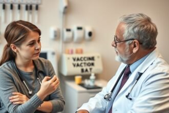 A photo of a pediatrician discussing vaccine options with a concerned parent, with a subtle background of vaccine vials and medical equipment