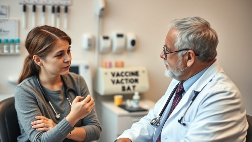 A photo of a pediatrician discussing vaccine options with a concerned parent, with a subtle background of vaccine vials and medical equipment