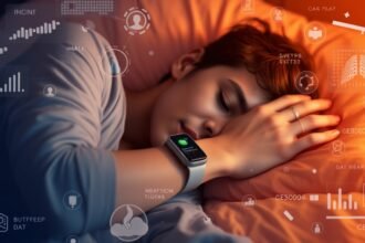 A person sleeping with a wearable device on their wrist, surrounded by data streams and AI-generated health insights