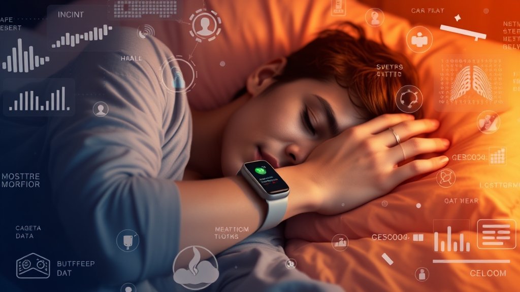 A person sleeping with a wearable device on their wrist, surrounded by data streams and AI-generated health insights