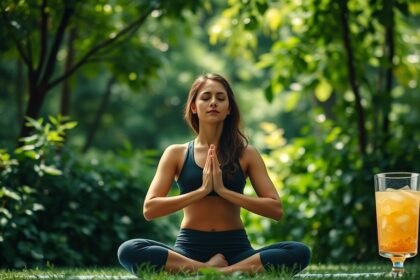 A serene and natural image of a person practicing yoga or meditation in a green environment, with a subtle hint of a healthy drink or a detox-related element in the background.