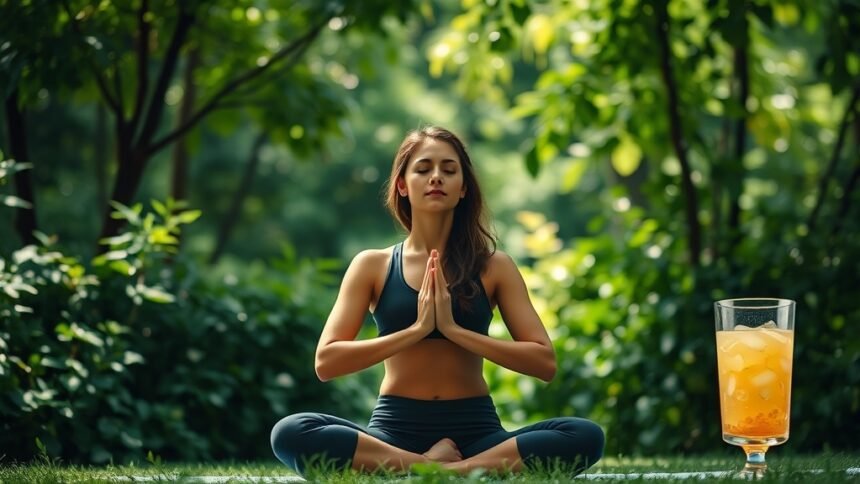 A serene and natural image of a person practicing yoga or meditation in a green environment, with a subtle hint of a healthy drink or a detox-related element in the background.