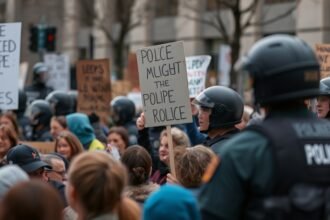 A photo of a protest in Minneapolis with a crowd of people holding signs and chanting, with a blurred background of police officers in riot gear.