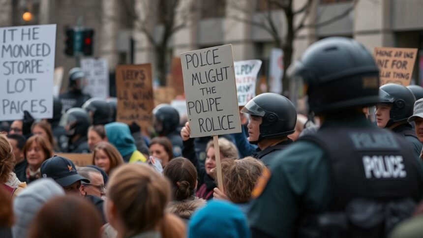 A photo of a protest in Minneapolis with a crowd of people holding signs and chanting, with a blurred background of police officers in riot gear.