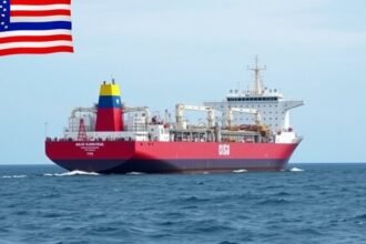 A photograph of a Russian oil tanker at sea, with a subtle hint of a US flag or a Venezuelan flag in the background, conveying the complexities of international relations and trade.