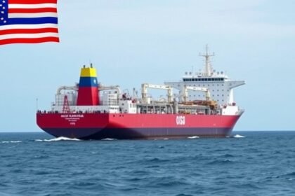 A photograph of a Russian oil tanker at sea, with a subtle hint of a US flag or a Venezuelan flag in the background, conveying the complexities of international relations and trade.