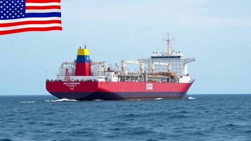 A photograph of a Russian oil tanker at sea, with a subtle hint of a US flag or a Venezuelan flag in the background, conveying the complexities of international relations and trade.