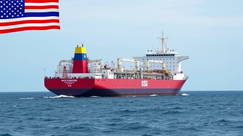 A photograph of a Russian oil tanker at sea, with a subtle hint of a US flag or a Venezuelan flag in the background, conveying the complexities of international relations and trade.