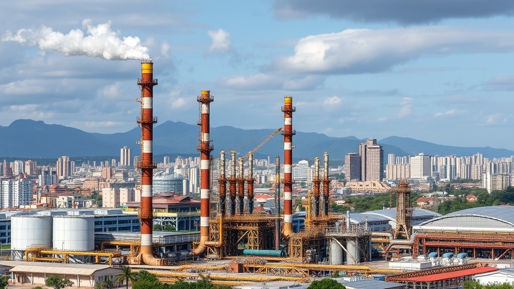 A photograph of a Venezuelan oil refinery with a backdrop of a cityscape, symbolizing the country's economic struggles and the impact of the oil crisis.
