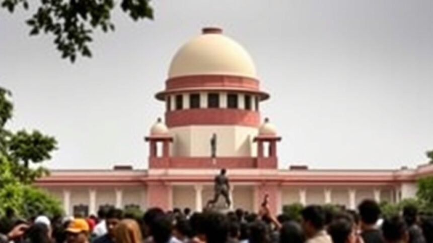 A photo of the Supreme Court of India with a crowd of people in the foreground, symbolizing the public's interest in the Delhi riots case and the judicial system's response.