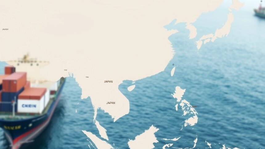 A map of East Asia with China and Japan highlighted, with a background of trade ships and cargo containers
