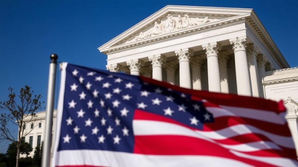 A photo of the US Supreme Court building with a flag of the United States in the foreground, symbolizing the balance of power between the judiciary and the executive branch in trade policy decisions.